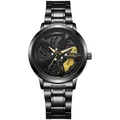 Macro detail of 3D spinning car wheel hub dial with yellow brake caliper on quartz watch - Yellow