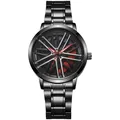 Macro view of men's watch featuring a 3D rotating car wheel hub dial and red brake caliper - Red