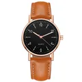 Luminous quartz watch with brown leather strap, rose gold case and black dial face - Rose Gold Black Dial Brown Strap