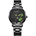 Detail of 3D car rim dial watch featuring neon green brake calipers and black steel strap - Green
