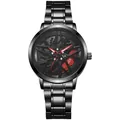 Detail of hollow car wheel rim dial with red brake caliper on black steel watch - Red