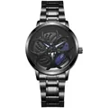 Detailed macro view of the 3D rotating car wheel hub watch face with blue brake calipers - Blue
