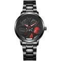 Macro detail of quartz watch featuring a rotating car wheel hub and red brake caliper - Red