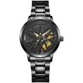 Detail of hollow car wheel hub dial with orange hands and steel strap on men's watch - Yellow