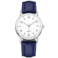 Minimalist silver quartz watch with a white dial and navy blue leather strap for women - Silver White Dial Blue Strap