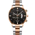Primer plano detallado del reloj Geneva para hombre con esfera negra y calendario - Plateado Oro Rosa Mixto Esfera Negra Agujas Oro Rosa