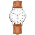 Luminous quartz watch with brown leather strap and silver case for women and men - Silver White Dial Brown Strap