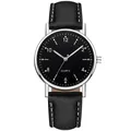 Luminous quartz watch with black leather strap and white stitching in silver case - Silver Black Dial Black Strap