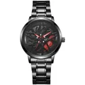 Men's black stainless steel watch featuring a creative 3D car wheel hub dial design - Red