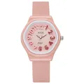 Nahaufnahme von rosa Silikonarmband und Zifferblatt mit 3D-Zahlen und XIGE-Logo - Rosa