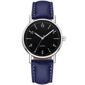 Luminous quartz watch with dark blue leather strap and black dial for casual wear - Silver Black Dial Blue Strap