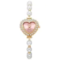 Detalle de reloj dorado con forma de corazón, esfera rosa y pulsera de perlas blancas - Dorado Rosa