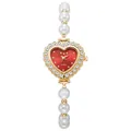 Detalle de reloj dorado en forma de corazón con esfera roja y pulsera de perlas - Dorado Rojo