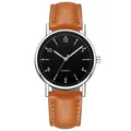Luminous quartz watch with black dial and brown leather strap with white stitching - Silver Black Dial Brown Strap