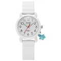 Detail view of white silicone quartz watch with red second hand and blue star charm - White