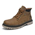 Detail view of khaki work boots showing the nubuck texture and rugged lug sole - EU 38 / Brown