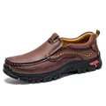 Men's brown leather outdoor slip-on shoes with yellow stitching and rubber sole - 38 / Red Brown (32399)