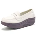 Lightweight white leather loafers for women with comfortable purple wedge platform soles - EU 35 / White