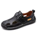 Men's black leather outdoor sandals with breathable cutouts and anti-slip soft sole - 38 / Black