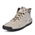 Close-up of handmade stitching on men's suede Martin boots with thick rubber soles - 38 / Beige