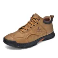 Men's brown PU leather ankle boots with hand-stitched detailing and rugged rubber soles - EU 38 / Tan