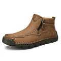 Boots homme en cuir marron texturé avec fermeture éclair latérale et coutures main - EU 38 / Kaki