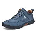 Men's casual loafers in grey-blue nubuck leather with rubber sole and side logo detail - EU 38 / Blue