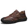 Men's dark brown pebble grain leather loafers with handmade stitching and rubber soles - EU 38 / Deep Brown