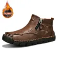 Vintage brown leather men's ankle boots with warm plush lining and side zipper - Dark Brown Plush Lined