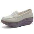 Light gray pebbled leather slip-on shoes for elderly women with purple rocker soles - EU 35 / Gray