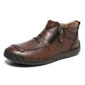 Men's brown leather outdoor boots with side zipper and durable rubber sole in white background - 38 / Brown