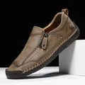 Men's dark brown leather outdoor loafer with contrast stitching and side zipper - EU 38 / Khaki