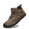 Men's brown mid-top casual leather boots with vintage stitching and non-slip soles - EU 38 / Khaki