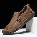 Men's brown casual leather loafer with hand-stitched details and side zipper closure - EU 38 / Tan