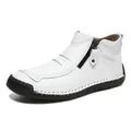 White leather casual mid-top men boots with black rubber sole and side zipper closure - 38 / White