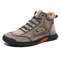 LDECK men's grey-brown leather outdoor boots with contrast sole and non-slip design - Gray
