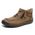 Men's retro brown leather casual boots with side zipper and durable rubber sole - 38 / Khaki