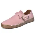 Pink suede loafers with metal buckle strap and white contrast stitching on rubber sole - 38 / Pink