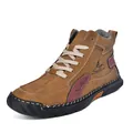 Brown mid-top men's casual leather boots with white stitching and durable rubber sole - EU 38 / Tan