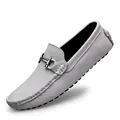 Men's white leather loafers with silver metal buckle and classic pebble rubber sole - EU 37 / White