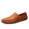 Men's leather driving loafers in amber orange finish with detailed stitching - EU 38 / Red Brown