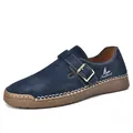 Navy blue suede loafers for women with metal buckle and white contrast stitching - 38 / Dark Blue