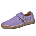 Women's purple suede loafers featuring adjustable buckle strap and handcrafted stitching - 38 / Purple