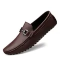 Men's dark brown leather loafers with荔枝 texture and classic metal buckle detail - EU 37 / Brown