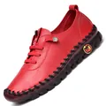 Women's red handmade stitching leather loafers with flexible soft rubber soles - EU 38 / Red (Stitched)