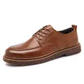Brown lace-up derby shoe for men featuring a textured leather upper and anti-slip thick sole - EU 39 / Brown