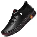 Women's black leather casual flat shoes with thick non-slip soles and lace-up design - EU 38 / Black (Stitched)