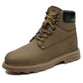 Men's tan leather high-top work boots with nubuck finish and padded black collar - EU 38 / Khaki Fleece Lined