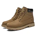 Brown leather high-top work boots for men with sport stamp and padded collar - Khaki