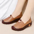 Brown leather loafers for women with thick non-slip rubber soles and hand-stitched details - EU 38 / Khaki